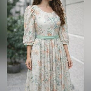 lanz originals 80s vintage Floral Maxi Dress with Mint Accents